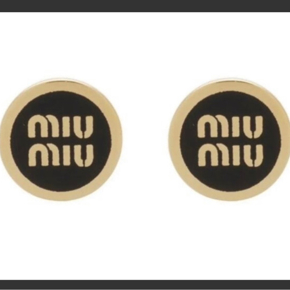 Miu Miu Black and Gold Round Logo Stud Earrings